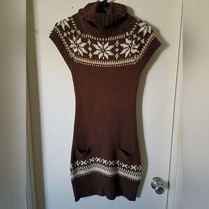 Max Rove Brown Knit Dress/ Long Cowl Neck Sweater with Snowflake Pattern Size S